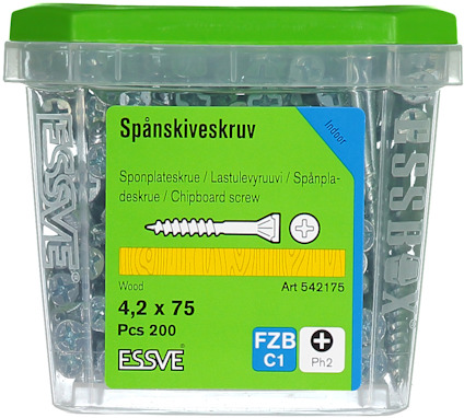 Plastburk med grön lock innehållande 200 spånskiveskruvar, 4,2 x 75 mm, märkt Essve.