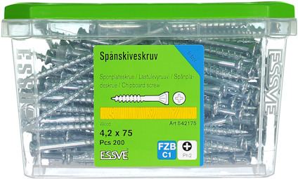 Förpackning med 200 spånskiveskruv, 4,2 x 75 mm, varumärke ESSVE, grön och transparent plastlåda.