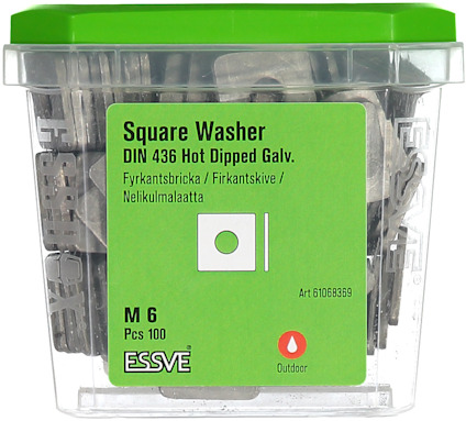 Förpackning med fyrkantsbrickor, M6, 100 st, DIN 436, varmförzinkad, ESSVE.