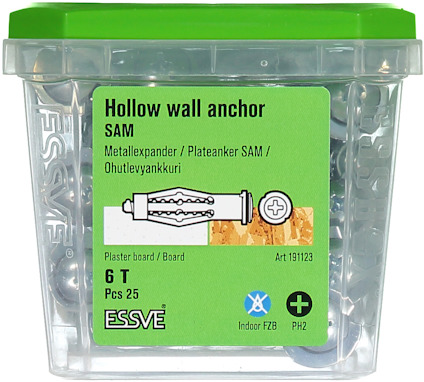 Behållare med Essve metallankare för gipsväggar. Text: "Hollow wall anchor SAM. 6 T Pcs 25". Grön lock.