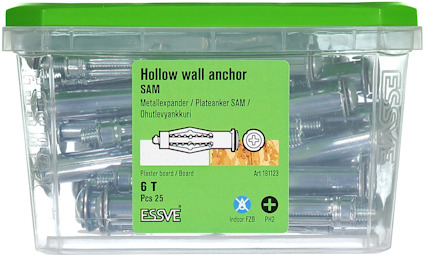 Transparent plastlåda med grönt lock innehållande 25 st ihåliga väggankare från märket ESSVE.