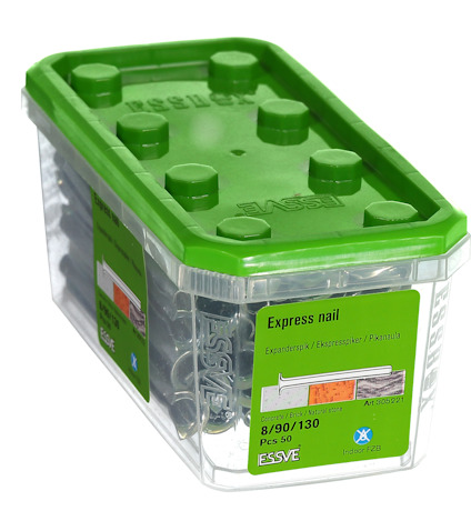 Plastförpackning med grönt lock, innehållande 50 expresspikar från ESSVE, typ 8/90/130.