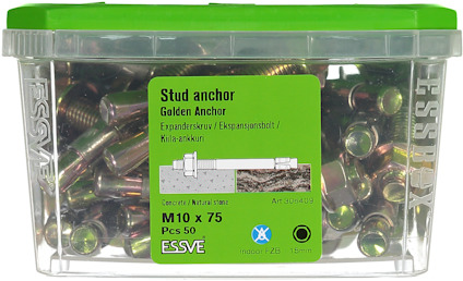 Förpackning med 50 stud anchors, M10 x 75 mm, för betong och sten.
