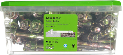 Plastlåda med guldfärgade expanderbultar och grönt lock, märkt "Stud anchor Golden Anchor M10 x 75 Pcs 50".