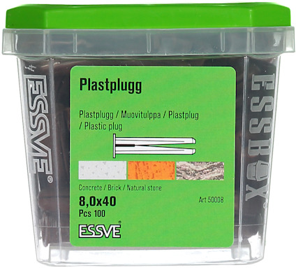 Förpackning med plastplugg från ESSVE, 8,0x40 mm, för betong/tegel. Antal: 100 st. Artikelnummer: 50008.