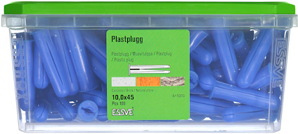 Plastpluggar 10x45 mm i genomskinlig plastlåda med grön lock, Essve märke, 100 stycken, art.nr. 60990.