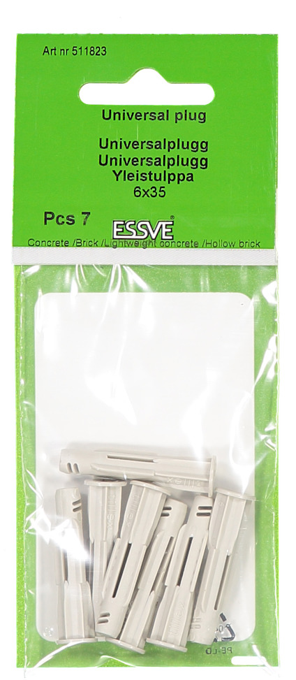Grön förpackning med sex vita universalpluggar, Artikelnummer: 511823, ESSVE, 6x35 mm, 7 st/kartong.