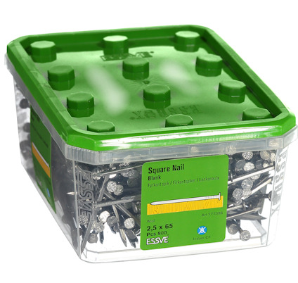 Grön plastburk med fyrkantiga spikar, 2,5 x 65 mm, 900 stycken, märkt ESSF, med genomskinliga sidor.