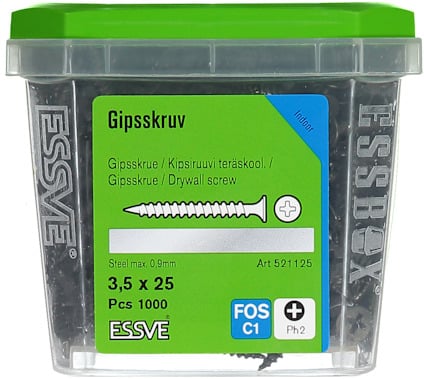 Plastlåda med 1000 gipsskruvar, 3,5 x 25 mm, stål max 0,9 mm. Märkt "ESSVE" och "Art 521125".