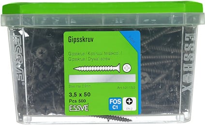 Förpackning med 500 gipsskruvar, 3,5 x 50 mm, ESSVE, art.nr 521150.