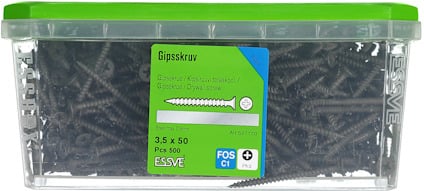 Plastbehållare med gipsskruvar, 3,5 x 50 mm, 500 stycken. Text: "Gipsskruv", "FOS C1", "ESSVE".