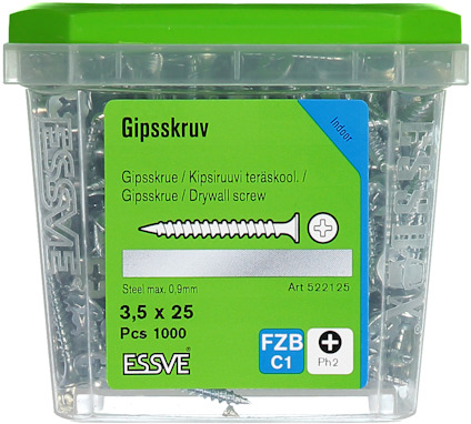 Plastförpackning med gipsskruvar, grönt lock, etikett med text på flera språk inklusive "Gipsskruv", innehåll: 1000 st.