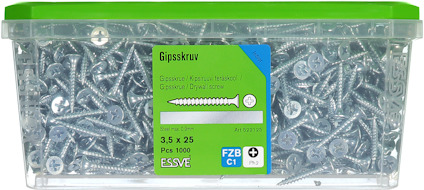 Förpackning med gipsskruvar, 3,5 x 25 mm, 1000 st, grön och vit etikett med markeringen "ESSVE".