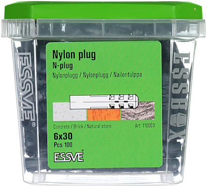 Förpackning med ESSVE nylonplugg, N-plug, 6x30 mm, 100 st.