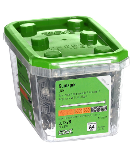 Förpackning med ESSVE kamspik LKH, gul skruv på 1,2 kg, storlek 3,1x75 mm, för utomhusbruk.