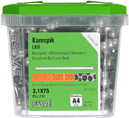 Essve kampspik LKH 3,1x75, rostfritt stål A4, 210 st, i genomskinlig plastförpackning med grön etikett.