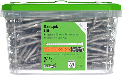 Transparent plastlåda med rostfria kamspikar, innehåll 210 st, ESSVE.