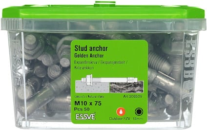 Transparent plastlåda med grönt lock innehållande expanderbultar, märkt "Stud anchor" och "ESSVE".
