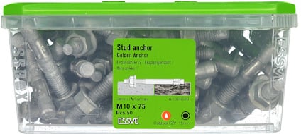 Transparent plastlåda med skruvar och muttrar, etikett med text "Stud anchor" och specifikationer.