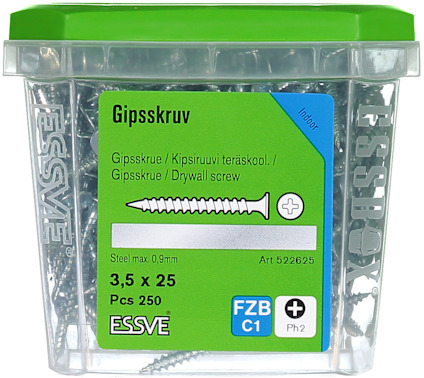 Plastburk med gipsskruv, 3,5 x 25 mm, 250 st, från Essve. Grön lock, blå etikett med skruvbild och text på flera språk.