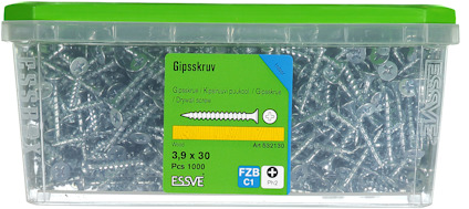 Plastlåda med 1000 zinkbelagda gipsskruvar, grönt lock. Märkt med ESSVE, FZB C1, PH2, 3,9x30 mm, Art 523130.