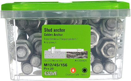 Plastlåda med stud anchors, grönt lock, innehållsförteckning och märketikett "ESSVE".