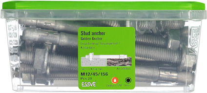 Plastlåda med expanderbultar "Stud Anchor Golden Anchor" M12/45/156, 20 st, ESSVE-märke.