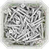 En behållare fylld med silverfärgade skruvar med korsformade spår på huvuden.