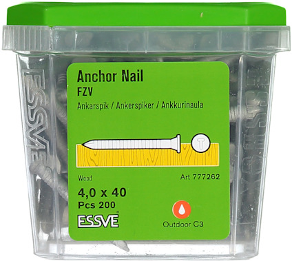Plastförpackning med ankarspik, 4,0 x 40 mm, 200 st, ESSVE, grön etikett.
