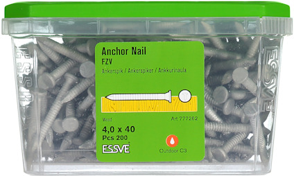 Plastlåda med 200 ankarspik, 4,0 x 40 mm, produktnummer 777262, märkning Outdoor C3.