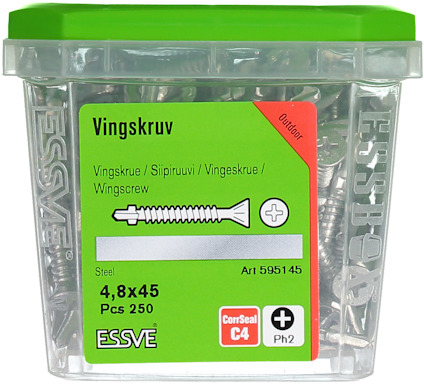 Plastburk med grönt lock innehållande vingskruvar; etikett på flera språk visar storlek 4,8x45, 250 st, ESSVE.