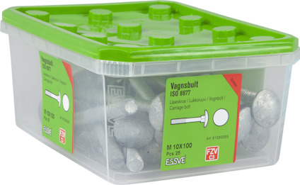 Plastlåda med grönt lock innehållande vagnsbultar ISO 8677 M10x100, 25 stycken från märket Essve.