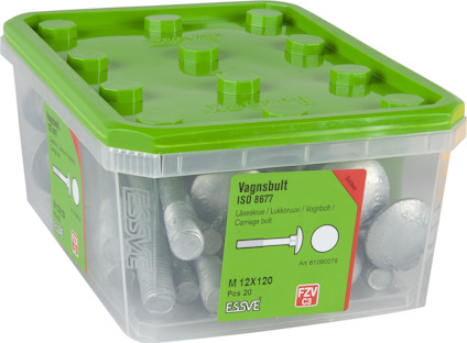Transparent förpackning med grönt lock innehållande vagnsbult M12x120, 20 st. Text: "Vagnsbult ISO 8677".