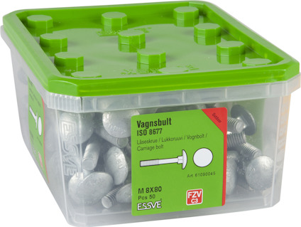 Plastlåda med grön lock innehållande 50 vagnsbultar M8x80, Essve FZV C3, ISO 8677.