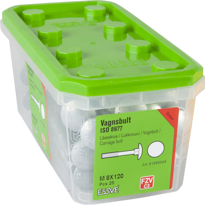 Förpackning med 25 vagnsbultar, ISO 8677, M8X120, Essve märkt i grönt och rött.