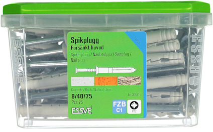 Plastlåda med vita Essve spikpluggar, etikett med text på flera språk och grön lock.