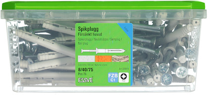 Plastlåda med spikpluggar från Essve, med grön lock. Text på etikett: "Spikplugg, Försänkt huvud, 84/40/75".