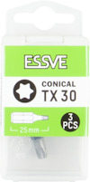 Förpackning med texten "ESSVE CONICAL TX 30, 25 mm, 3 PCS" och bild av en bits.