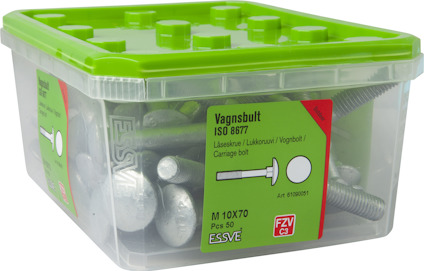 Plastlåda med grönt lock innehållande vagnsbultar av stål i storlek M10x70, 50 stycken.