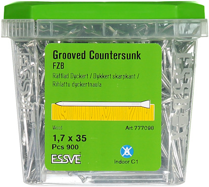 En grön plastförpackning med texten "Grooved Countersunk FZB" innehåller 900 st 1,7 x 35 mm dyckertspikar för trä.