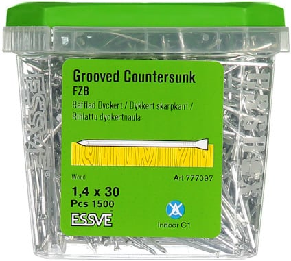 Plastförpackning med grovplig dyckert, 1,4 x 30 mm, 1500 st. Märkt Essve, grön etikett ger produktinformation.