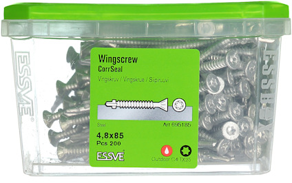 Plastlåda med 200 ESSVE vingskruvar, 4,8x85 mm, CorrSeal. Grönt lock, art.nr 695185. Utomhusbruk.