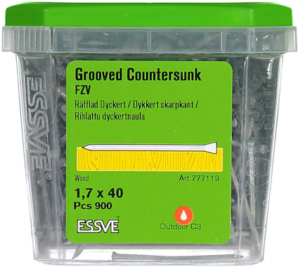 Transparent plastlåda med text: "Grooved Countersunk FZV, 1,7 x 40, Pcs 900, Art 777119, Outdoor C3, ESSVE".