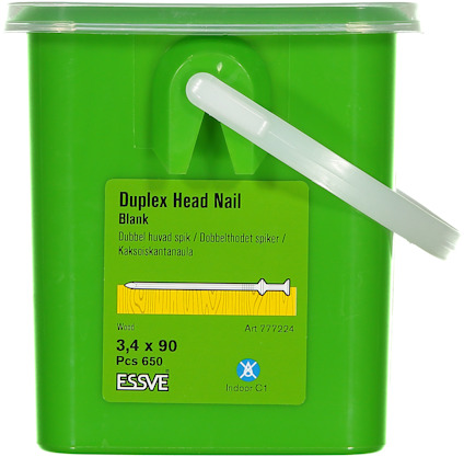 Grön plastburk med etikett: "Duplex Head Nail 3,4 x 90, Pcs 650, ESSVE".