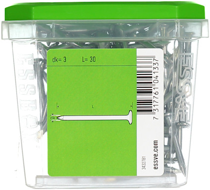 Plastlåda med grönt lock innehållande spik, etikett visar "dk=3, l=30" samt streckkod.