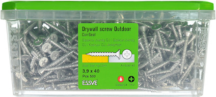Förpackning med 500 utomhus gipsskruv, 3,9 x 40 mm, från Essve CorrSeal.