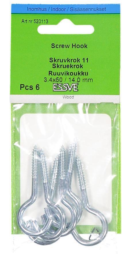 Förpackning med sex metallskruvkrokar, etikett med text på flera språk.