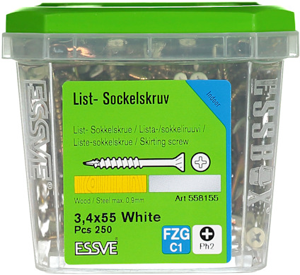 Förpackning med 250 vita list- och sockelskruvar, 3,4x55 mm, FZG C1, artikelnummer 558155 från ESSVE.
