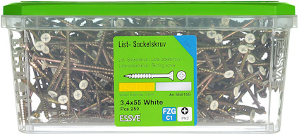 Plastlåda med vita sockelskruvar, etikett "List- Sockelskruv 3,4x55 White, 250 st".