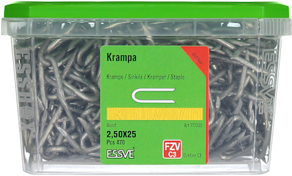 Plastlåda med 470 metalldubbar, märkta "Krampa", storlek 2,50x25, ESSVE logotyp.